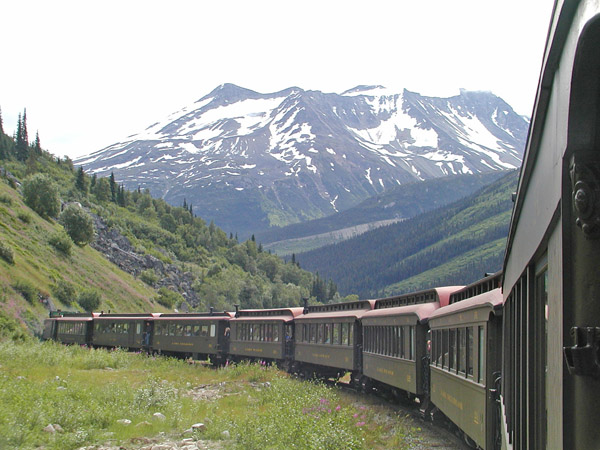 White Pass & Yukon Route train with mountain in background