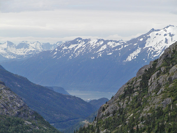 View toward dock in Skagway from White Pass & Yukon Route train